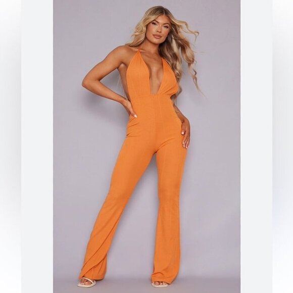 PrettyLitttleThing Orange Bandage Plunge Flared Leg Jumpsuit Women’s Size 2 - Picture 1 of 8